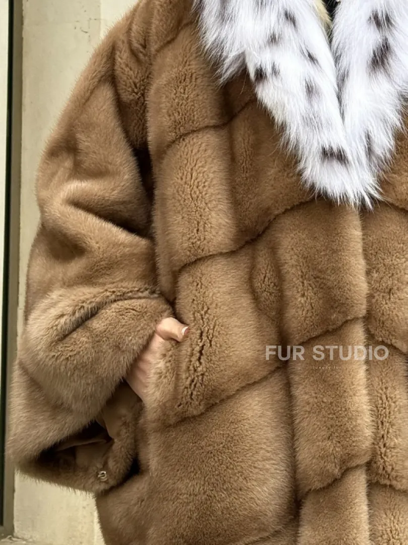 Норковая шуба больших размеров в стиле Бохо с капюшоном под рысь - фото 2