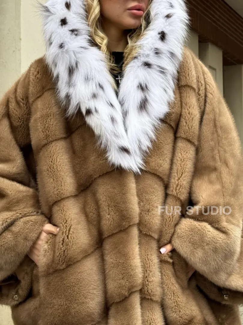 Норковая шуба больших размеров в стиле Бохо с капюшоном под рысь - фото 1
