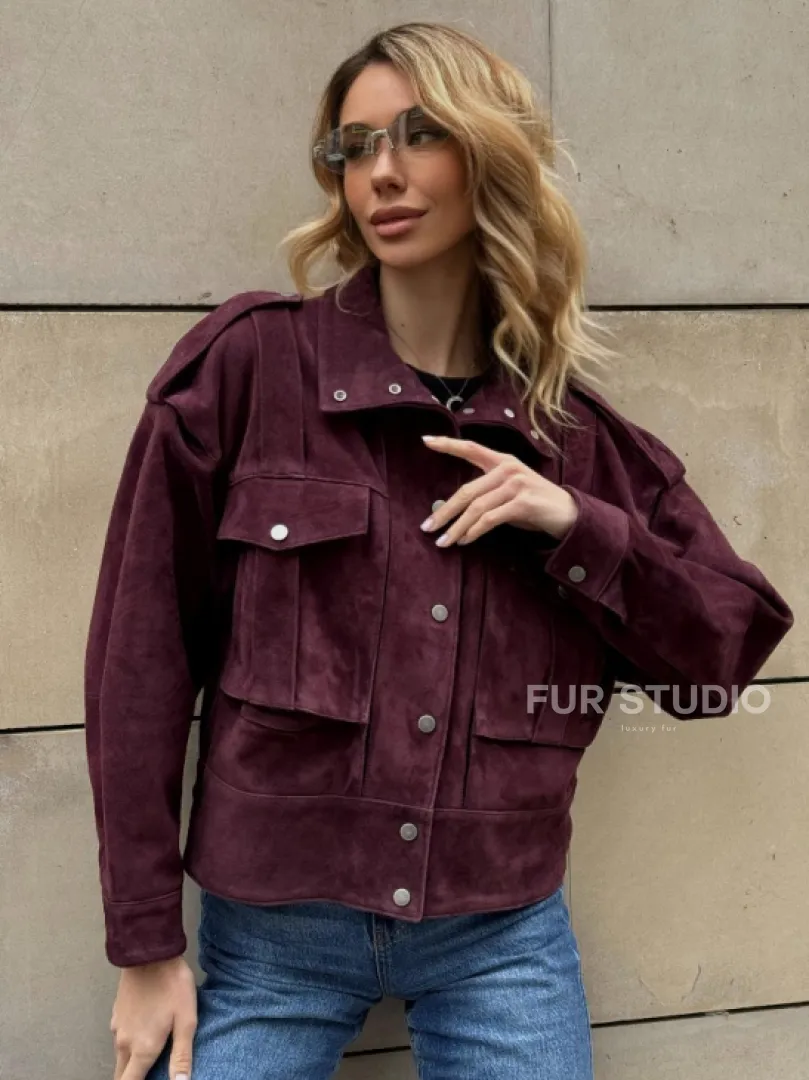 Винтажная женская повседневная куртка из натуральной замши Burgundy - фото 6