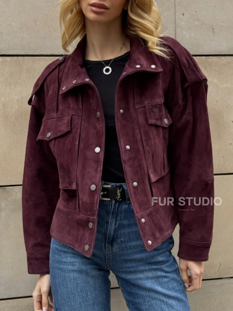 Винтажная женская повседневная куртка из натуральной замши Burgundy - фото 3