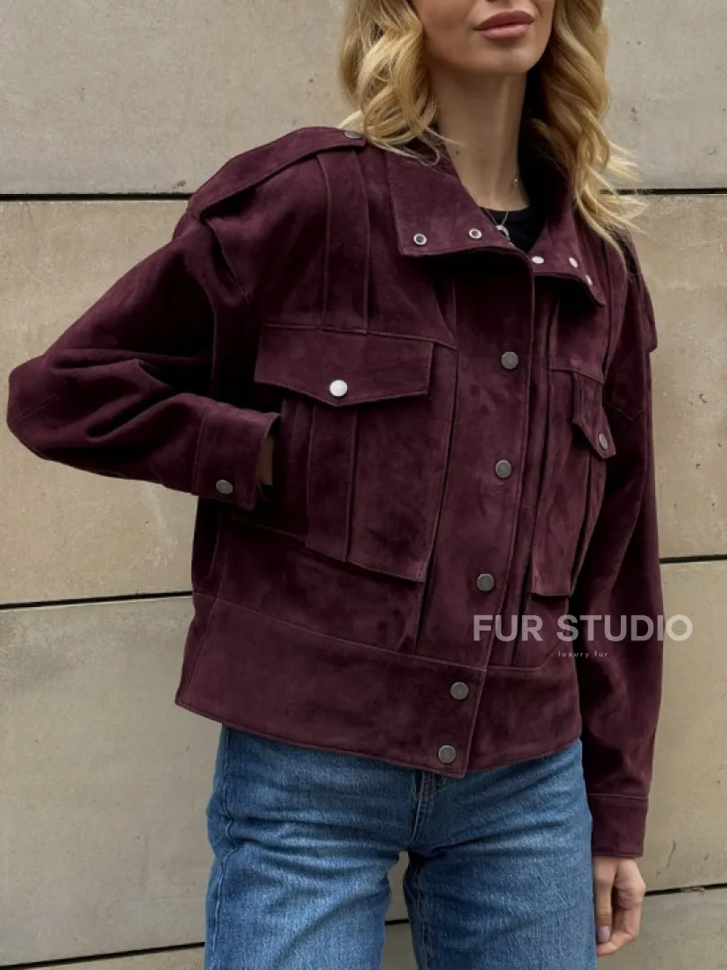 Винтажная женская повседневная куртка из натуральной замши Burgundy - фото 4
