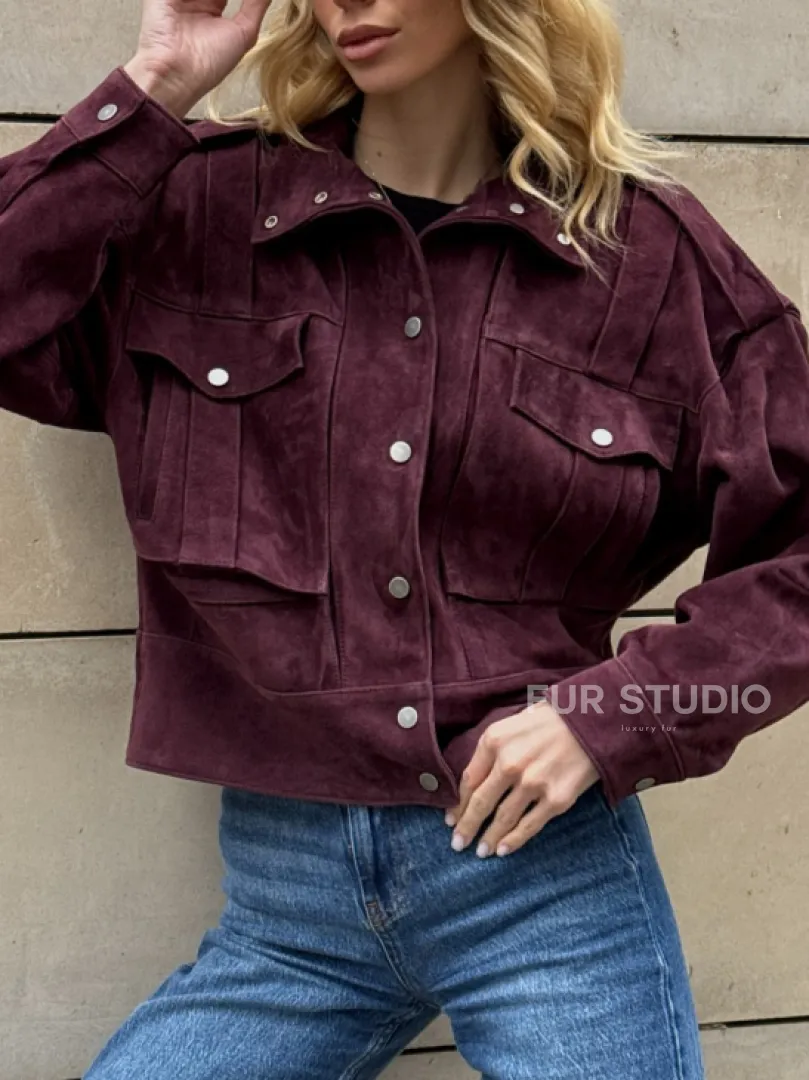 Винтажная женская повседневная куртка из натуральной замши Burgundy - фото 2