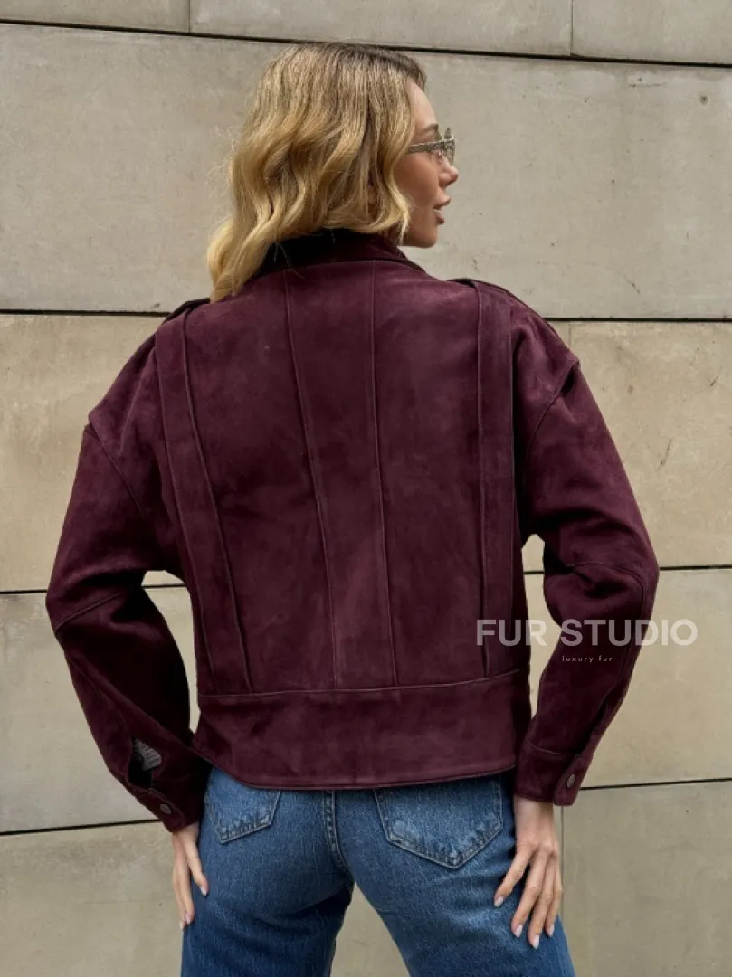 Винтажная женская повседневная куртка из натуральной замши Burgundy - фото 9