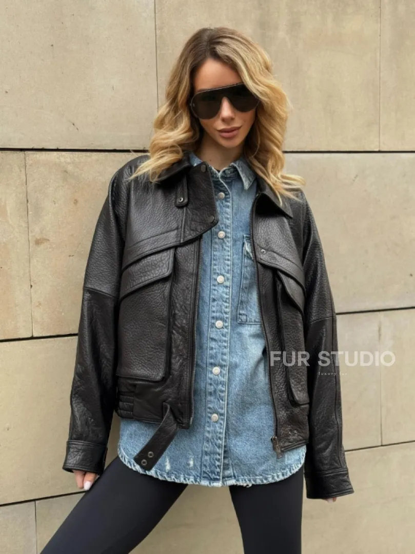 Трендовая куртка - бомбер oversize из натуральной кожи Joomba - фото 7