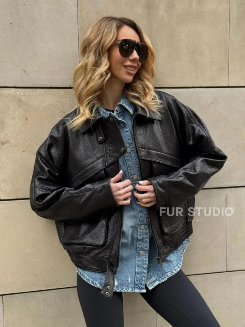 Трендовая куртка - бомбер oversize из натуральной кожи Joomba