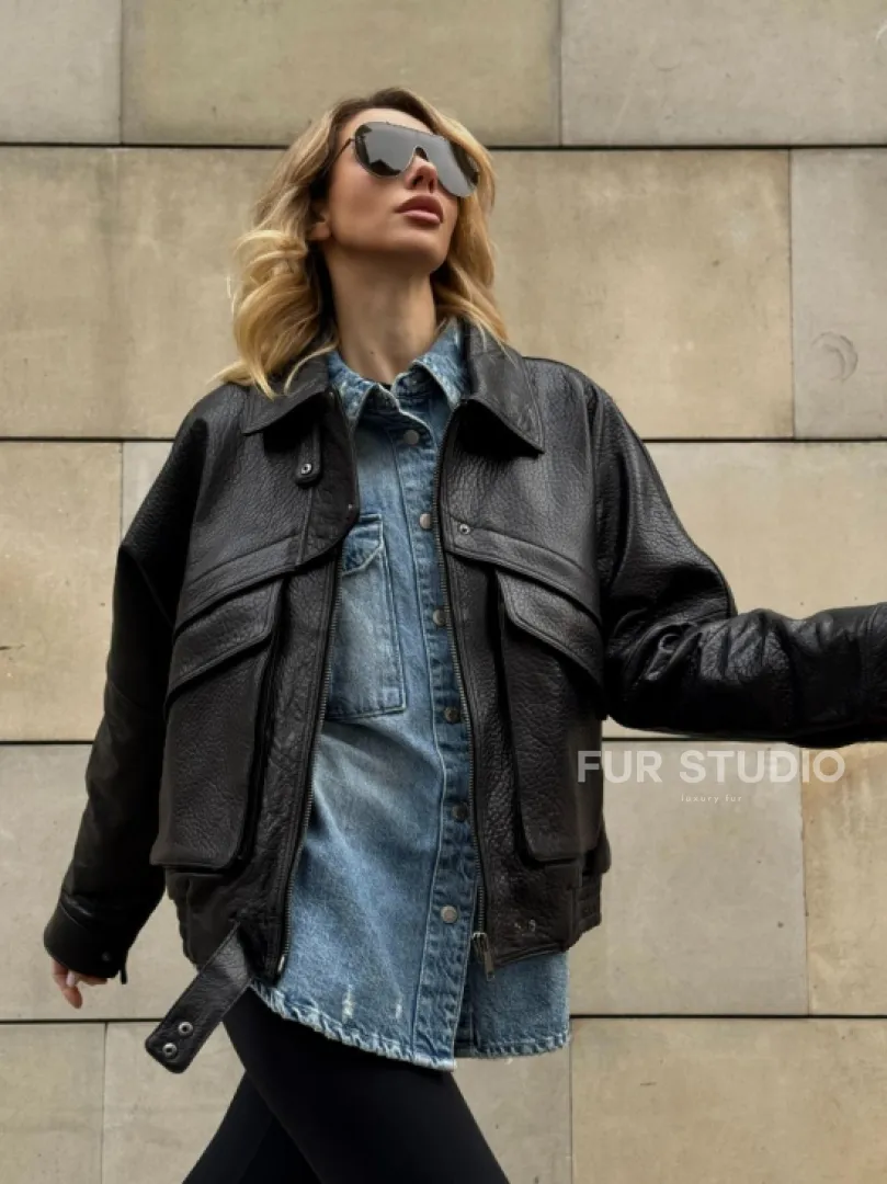 Трендовая куртка - бомбер oversize из натуральной кожи Joomba - фото 10