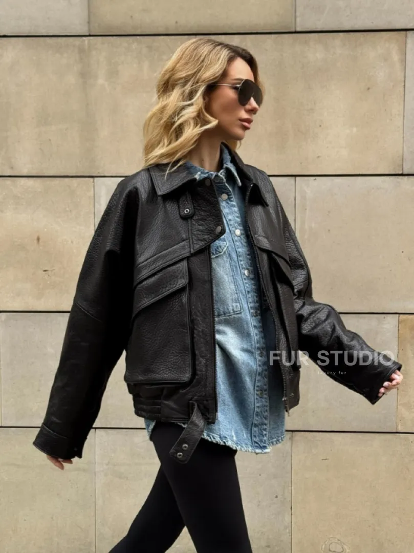 Трендовая куртка - бомбер oversize из натуральной кожи Joomba - фото 9