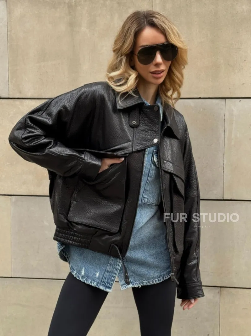 Трендовая куртка - бомбер oversize из натуральной кожи Joomba - фото 5