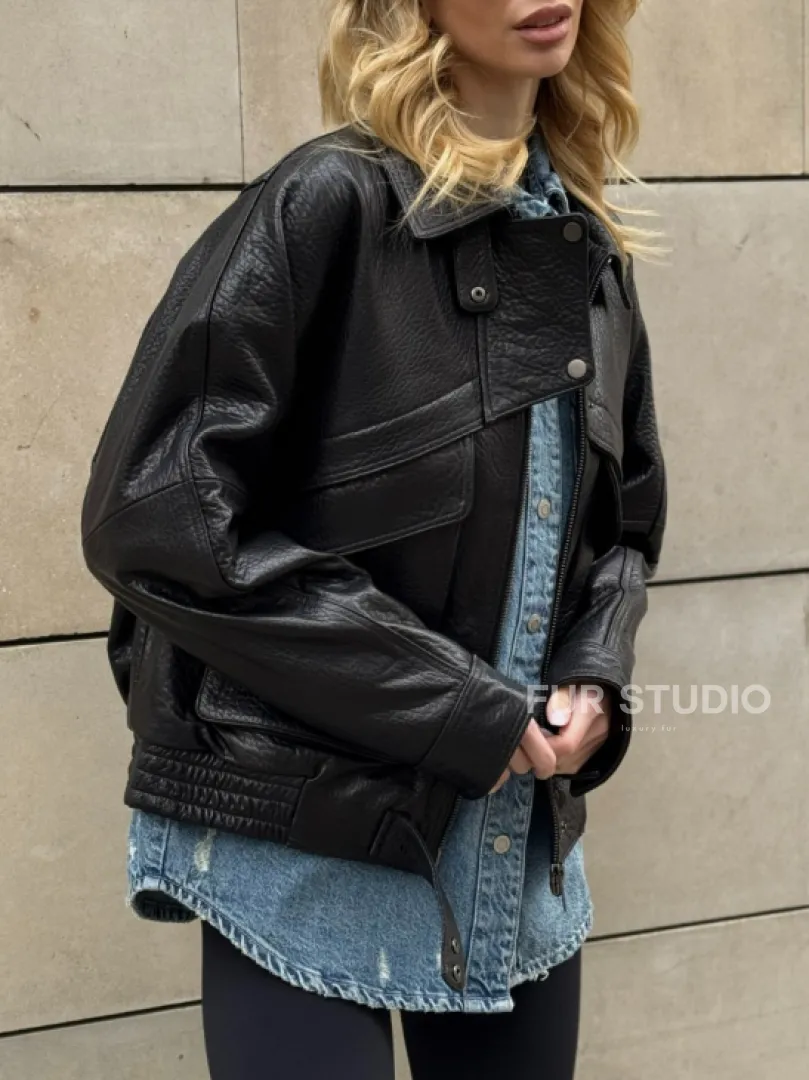 Трендовая куртка - бомбер oversize из натуральной кожи Joomba - фото 3