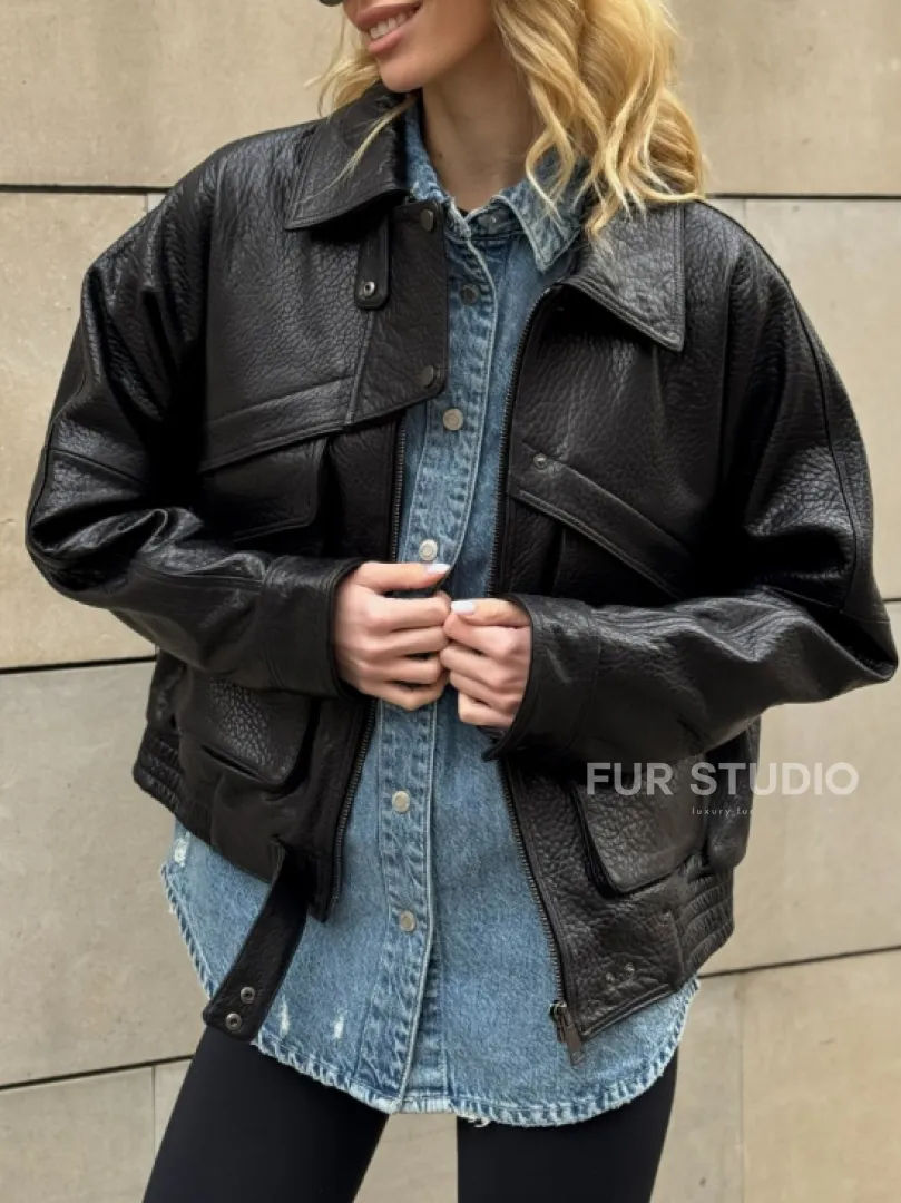 Трендовая куртка - бомбер oversize из натуральной кожи Joomba - фото 1