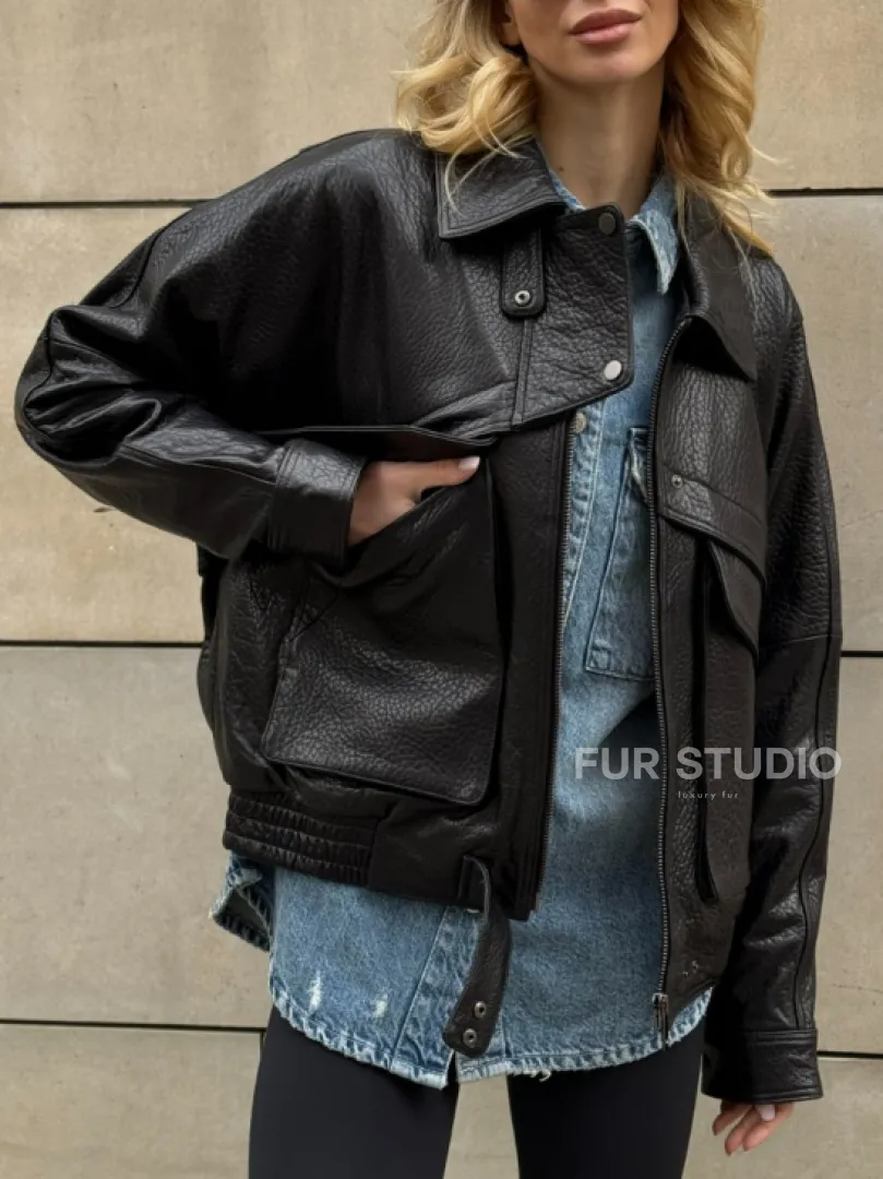 Трендовая куртка - бомбер oversize из натуральной кожи Joomba - фото 2