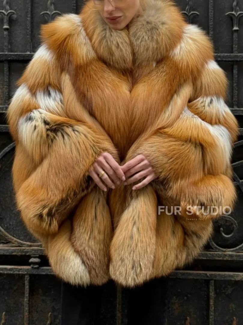 Шуба - пончо из меха рыжей (огненной) лисы - фото 1