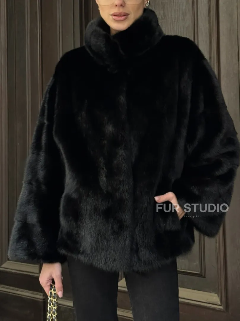 Норковый полушубок черного цвет стойка воротник - фото 2