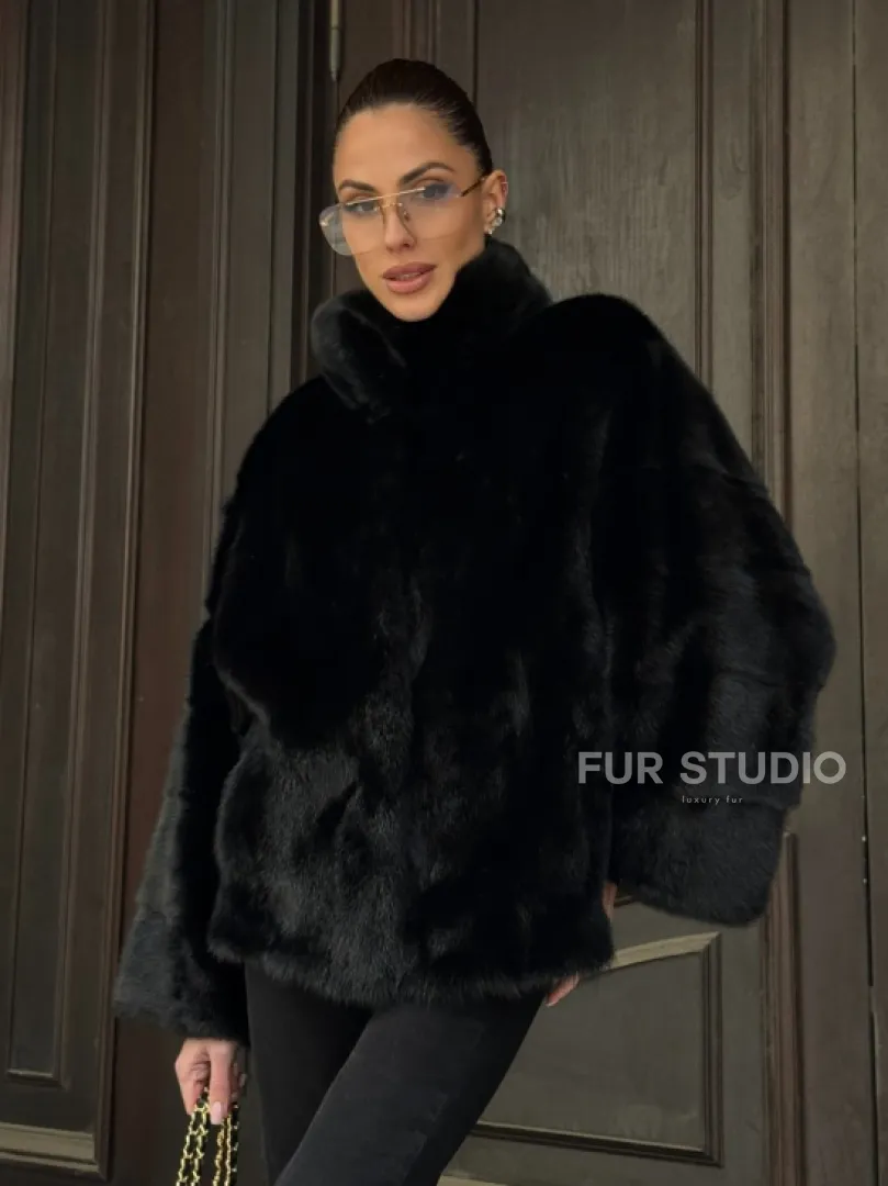 Норковый полушубок черного цвет стойка воротник - фото 5