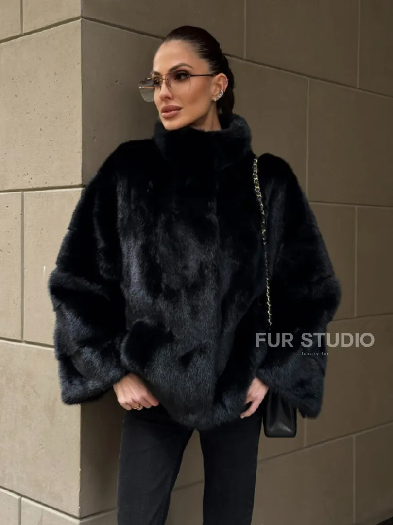 Норковый полушубок черного цвет стойка воротник - фото 6
