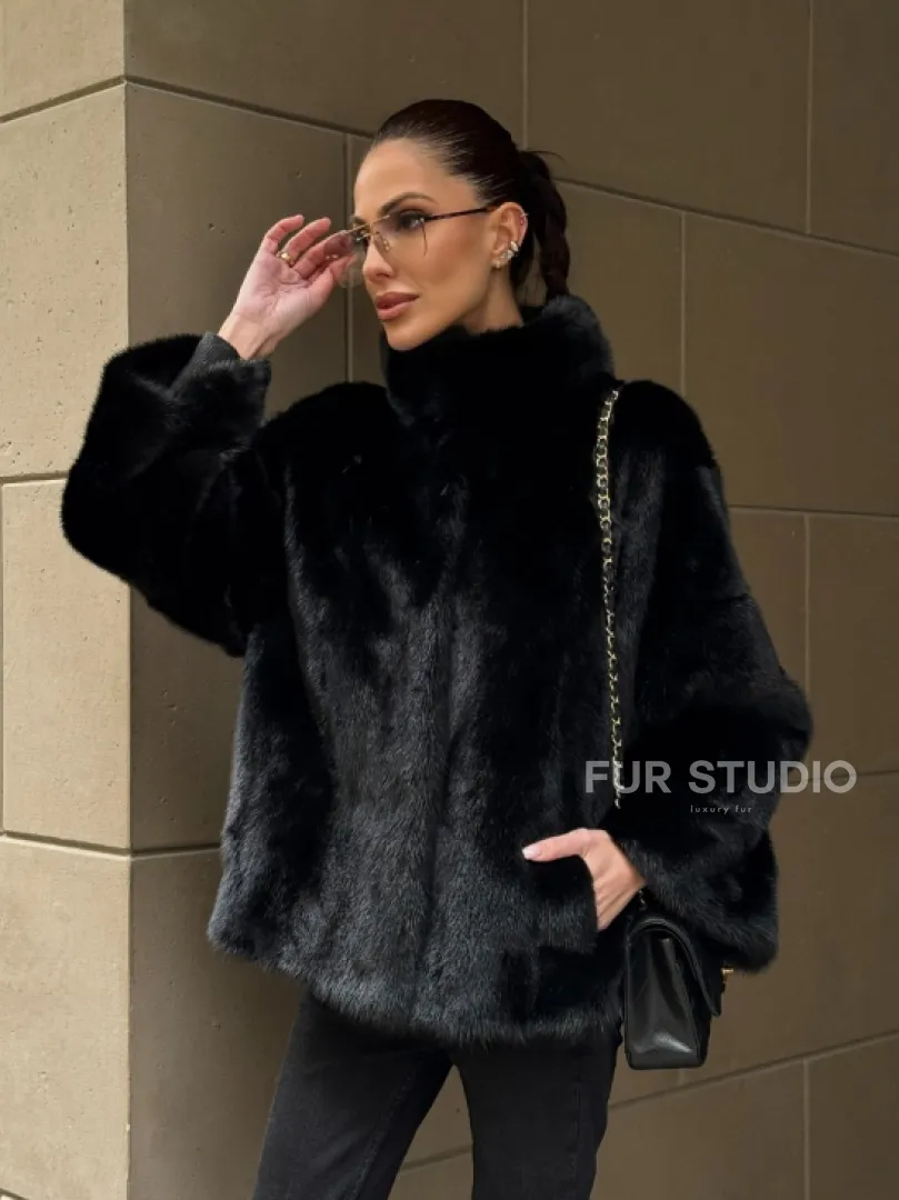 Норковый полушубок черного цвет стойка воротник - фото 11