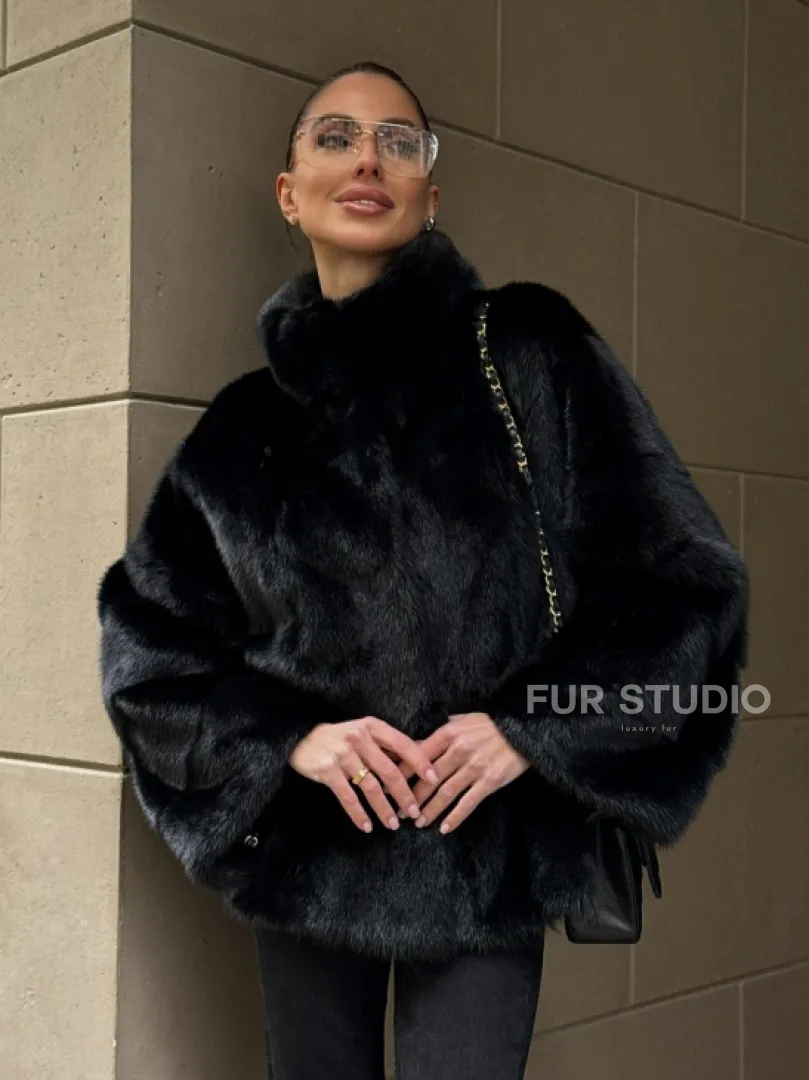 Норковый полушубок черного цвет стойка воротник - фото 7