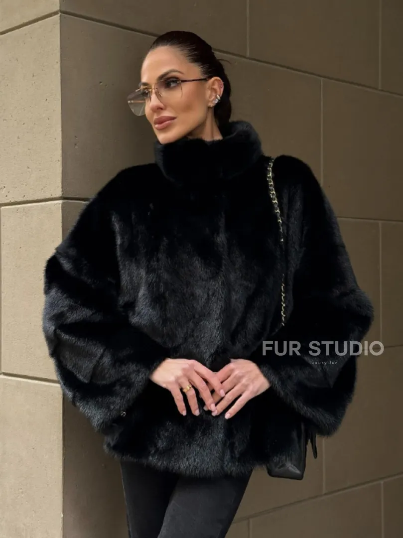 Норковый полушубок черного цвет стойка воротник - фото 9
