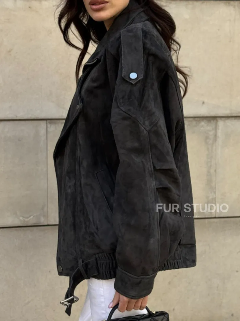 Бомбер оверсайз из замши Grey с двойным воротником и карманами - фото 5