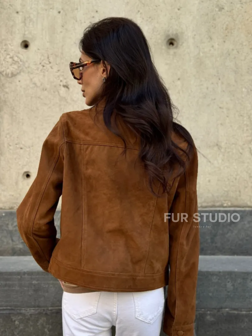 Прямой жакет из натуральной замши с накладными карманами - фото 5