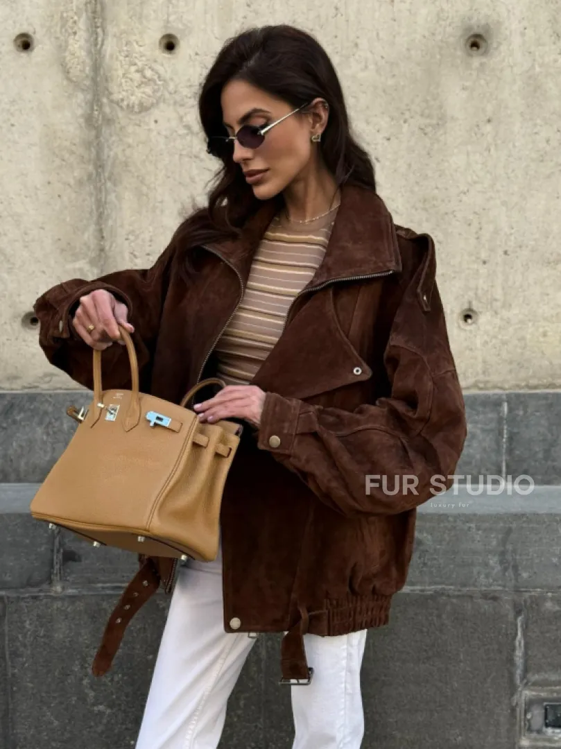 Винтажная куртка - бомбер из замши в коричневом цвете