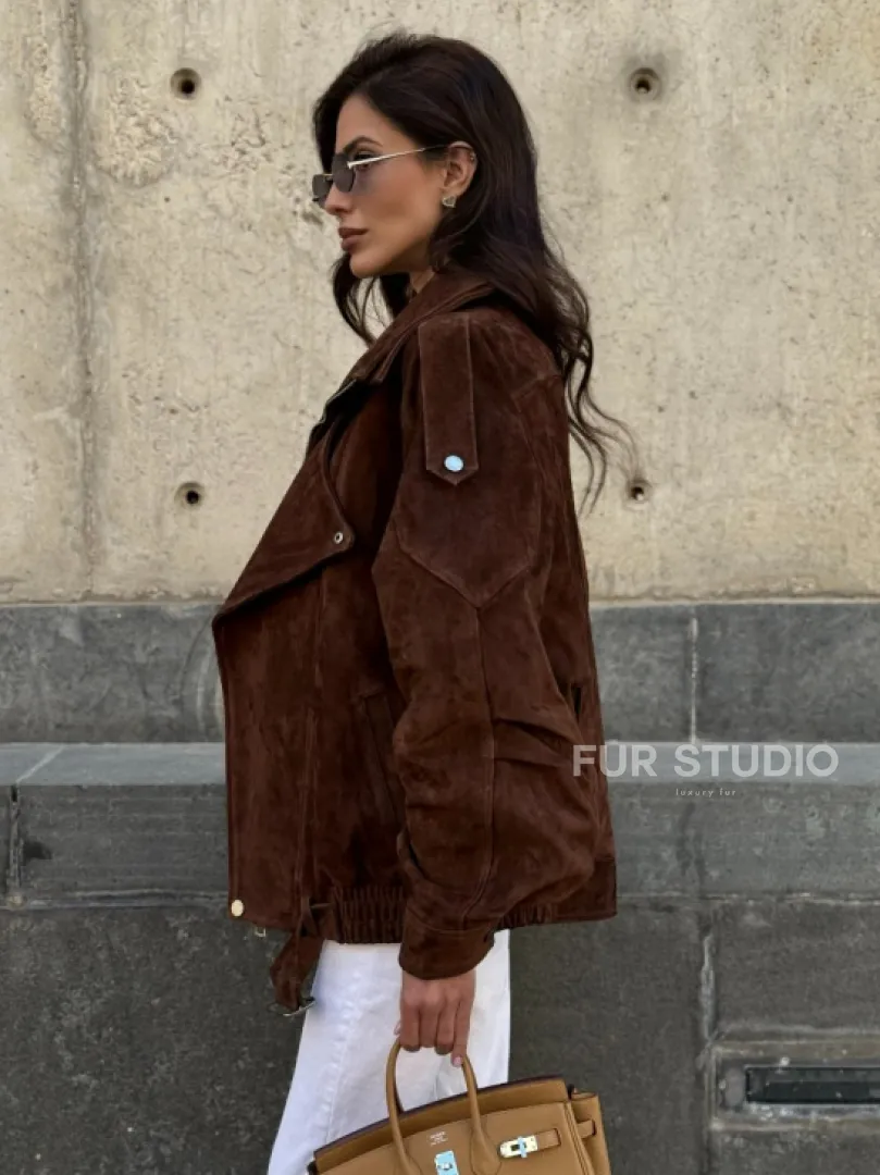 Винтажная куртка - бомбер из замши в коричневом цвете - фото 7