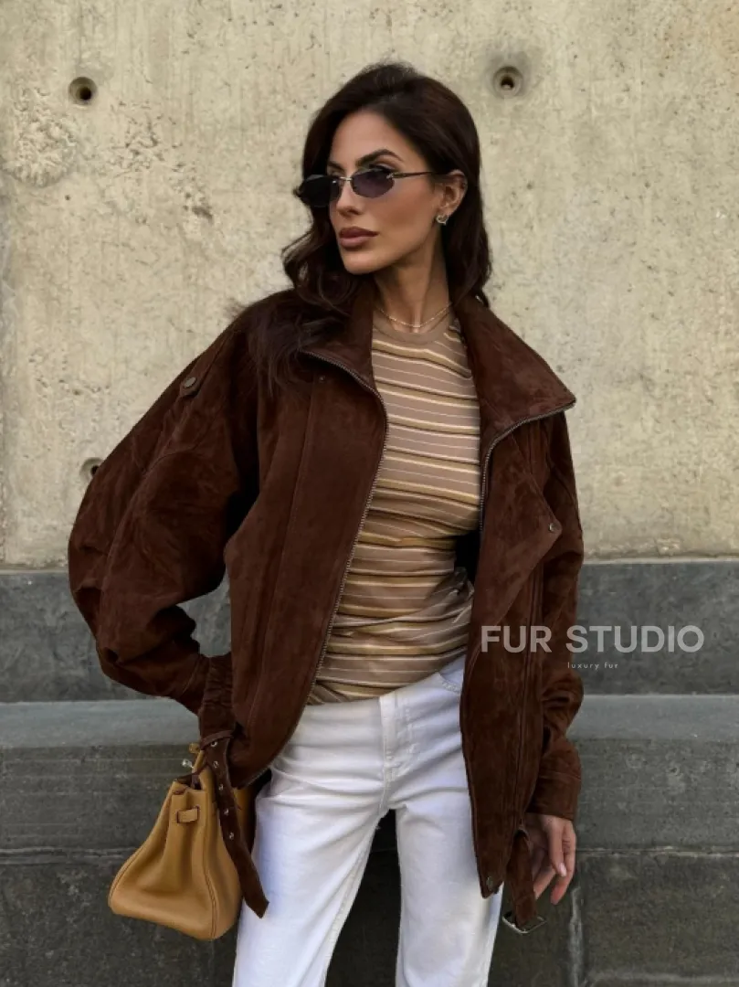 Винтажная куртка - бомбер из замши в коричневом цвете