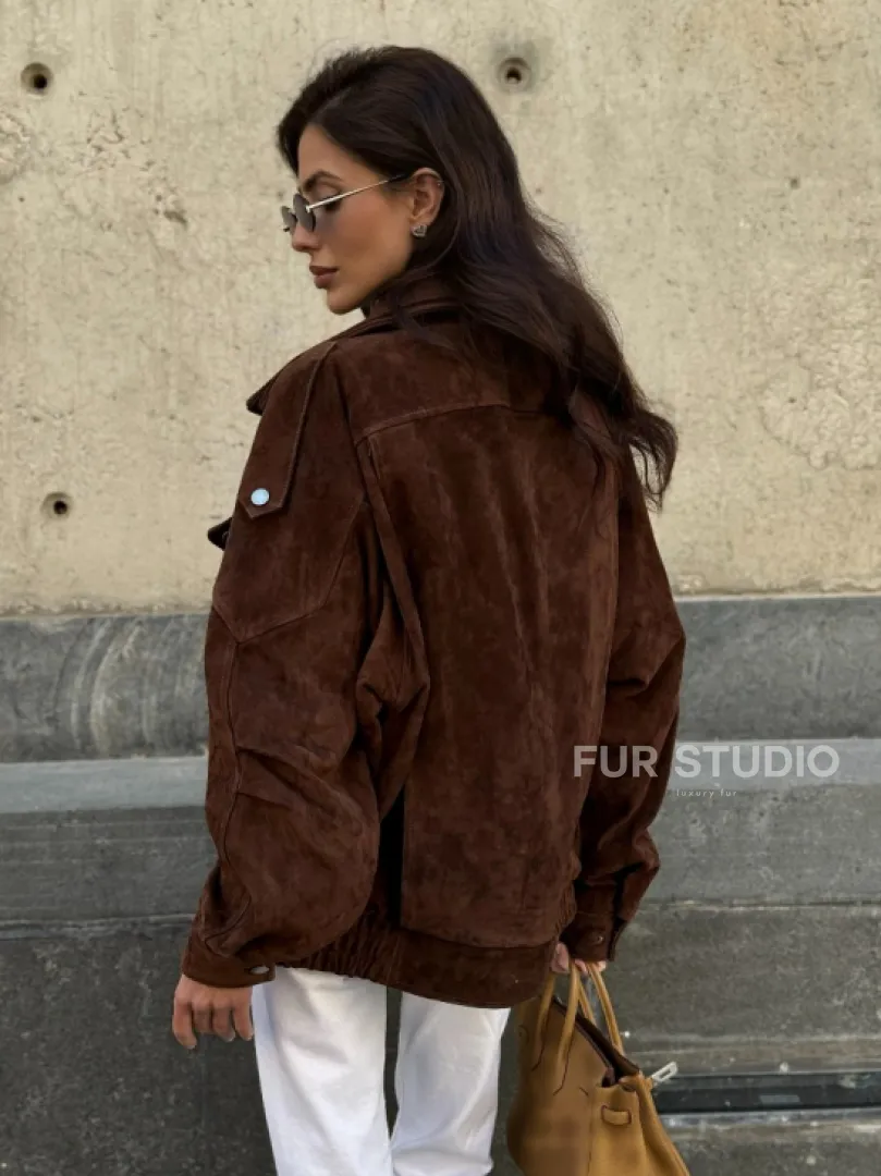 Винтажная куртка - бомбер из замши в коричневом цвете