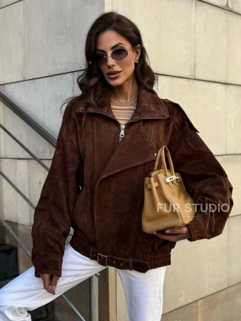 Винтажная куртка - бомбер из замши в коричневом цвете - фото 8