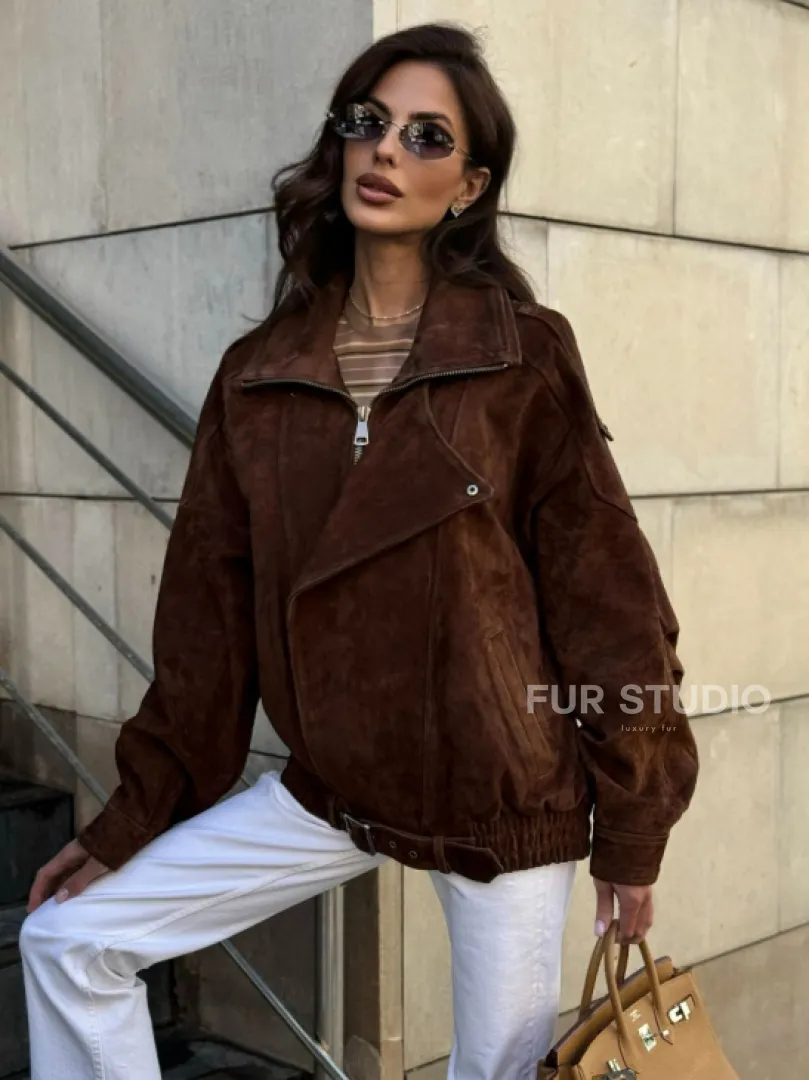 Винтажная куртка - бомбер из замши в коричневом цвете