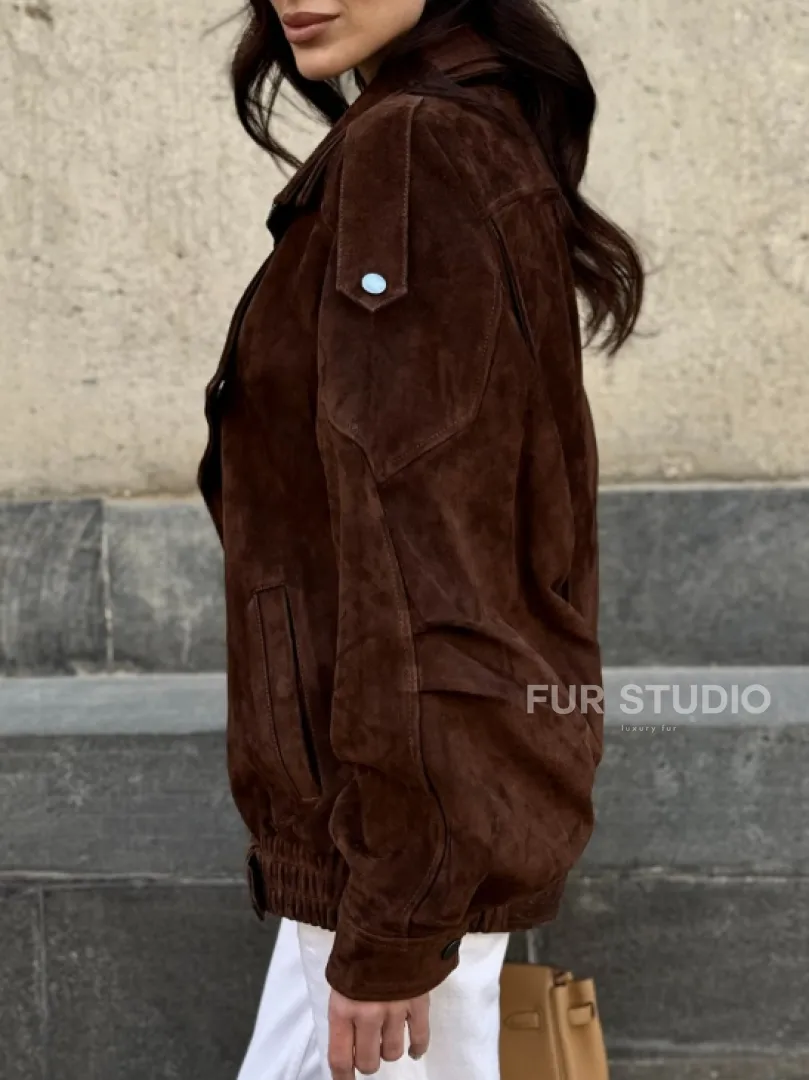 Винтажная куртка - бомбер из замши в коричневом цвете - фото 3