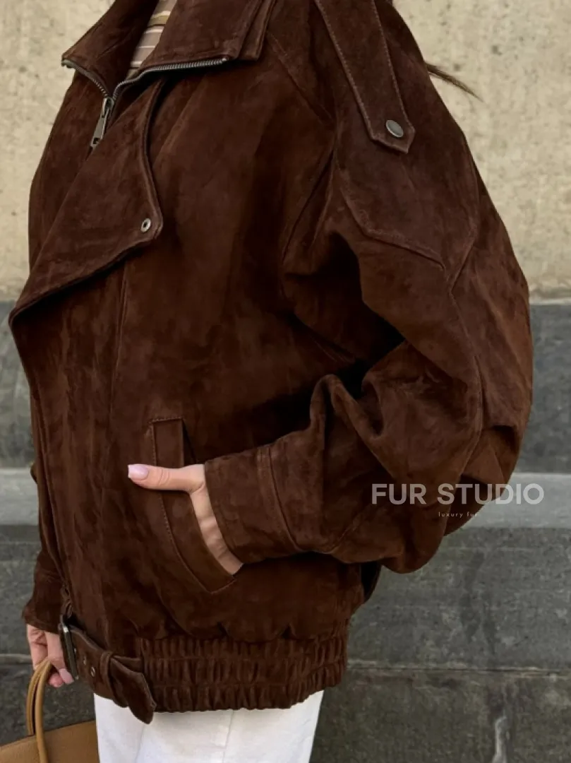 Винтажная куртка - бомбер из замши в коричневом цвете