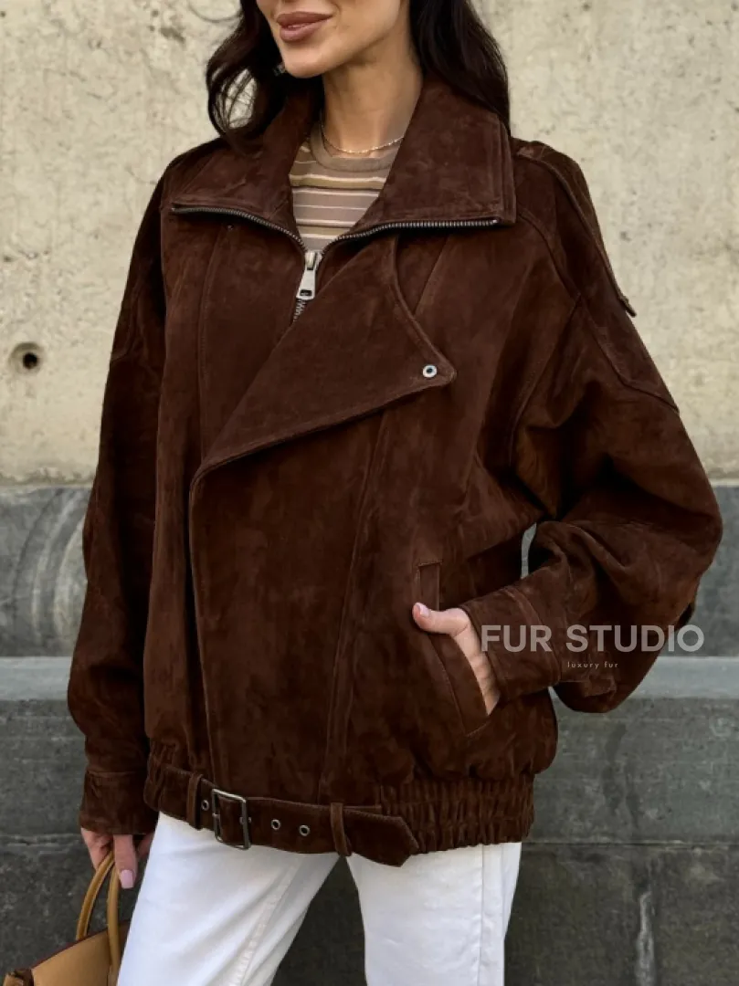 Винтажная куртка - бомбер из замши в коричневом цвете - фото 4