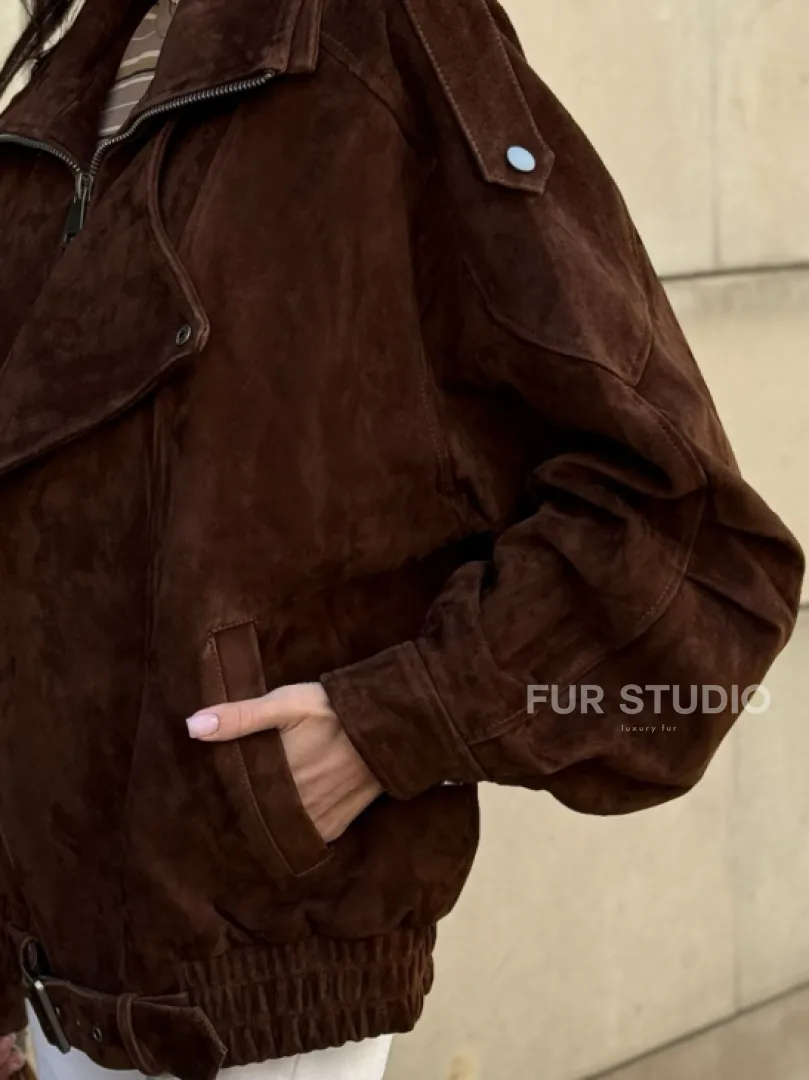 Винтажная куртка - бомбер из замши в коричневом цвете - фото 1