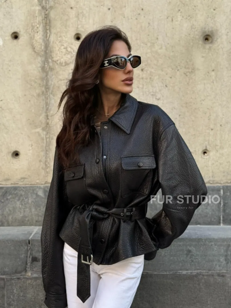 Красивая черная кожаная куртка - рубашка из кожи Joomba