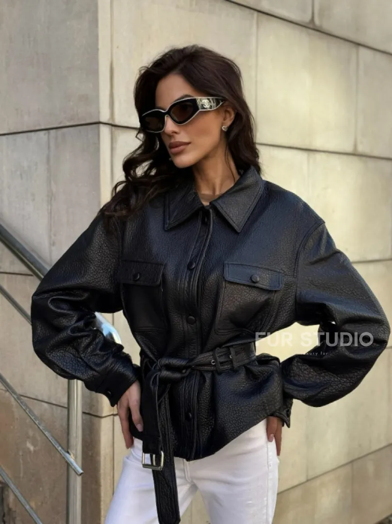 Красивая черная кожаная куртка - рубашка из кожи Joomba