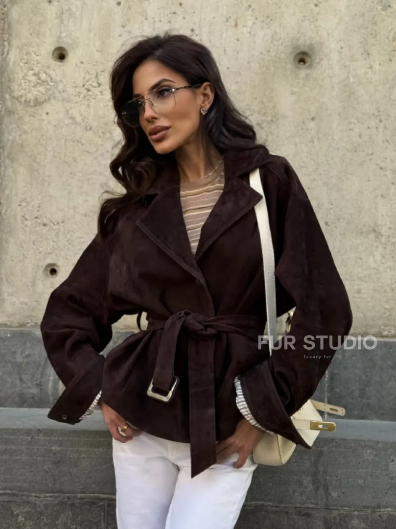 Жакет - куртка из замшевой кожи LUX с поясом - фото 9