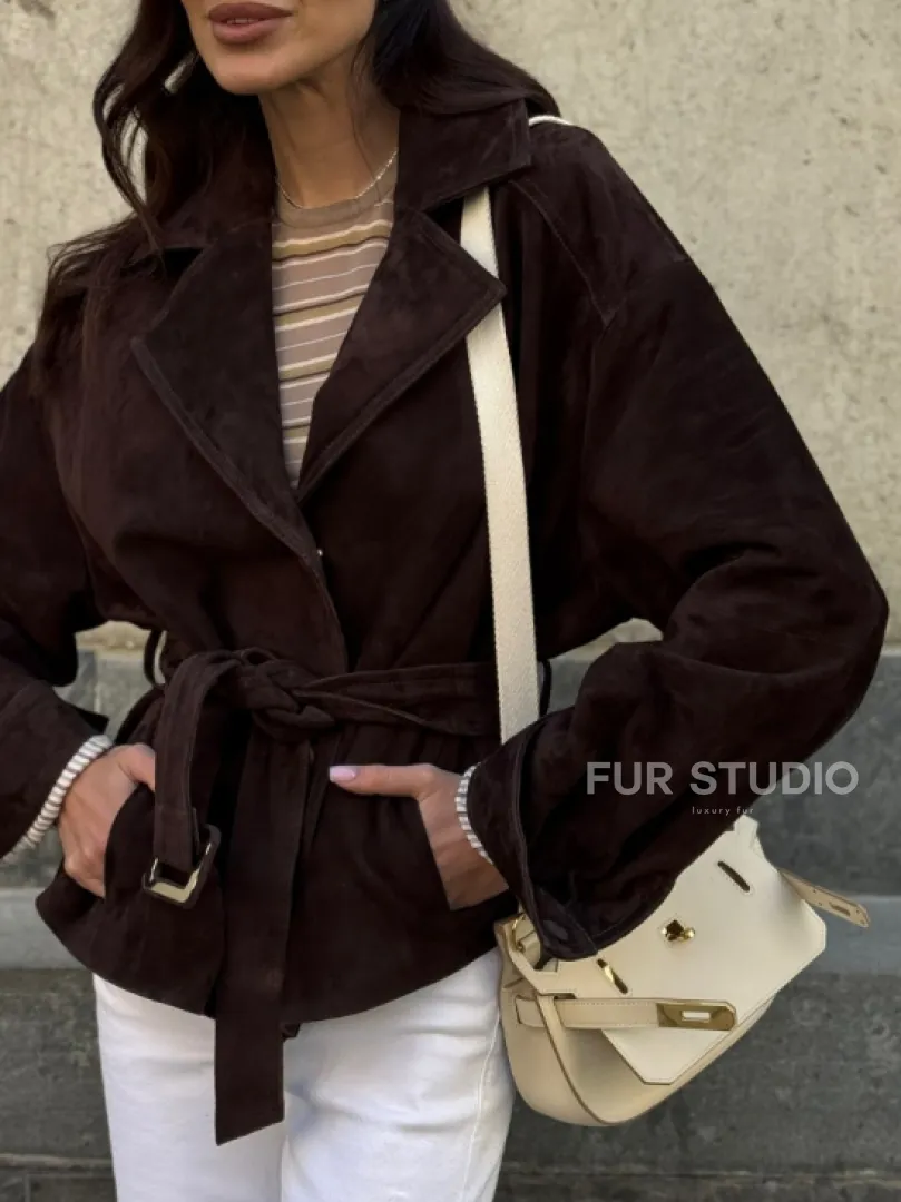 Жакет - куртка из замшевой кожи LUX с поясом - фото 3