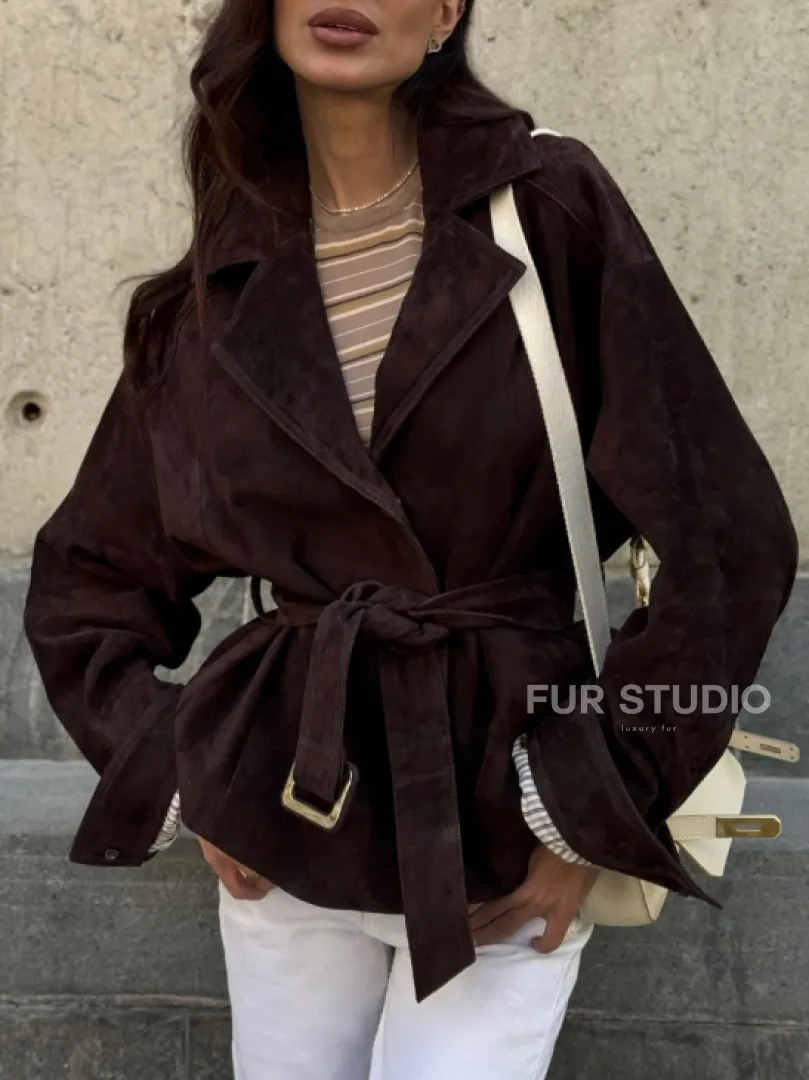 Жакет - куртка из замшевой кожи LUX с поясом - фото 4