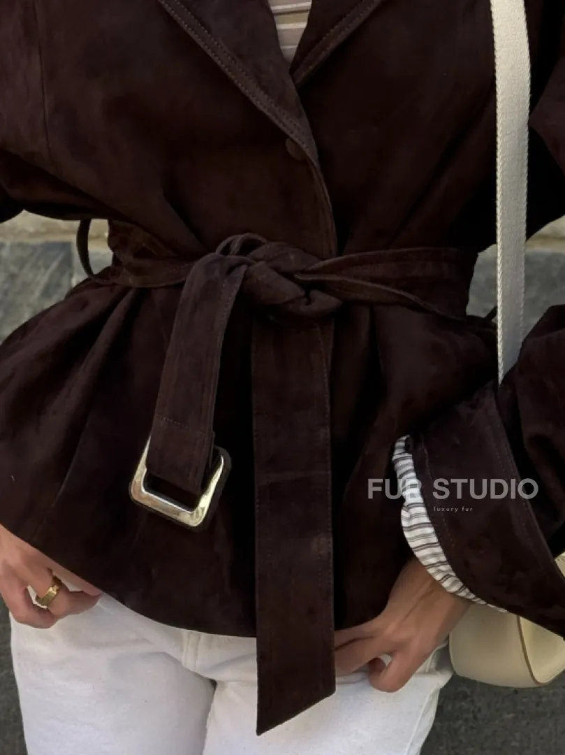 Жакет - куртка из замшевой кожи LUX с поясом - фото 1