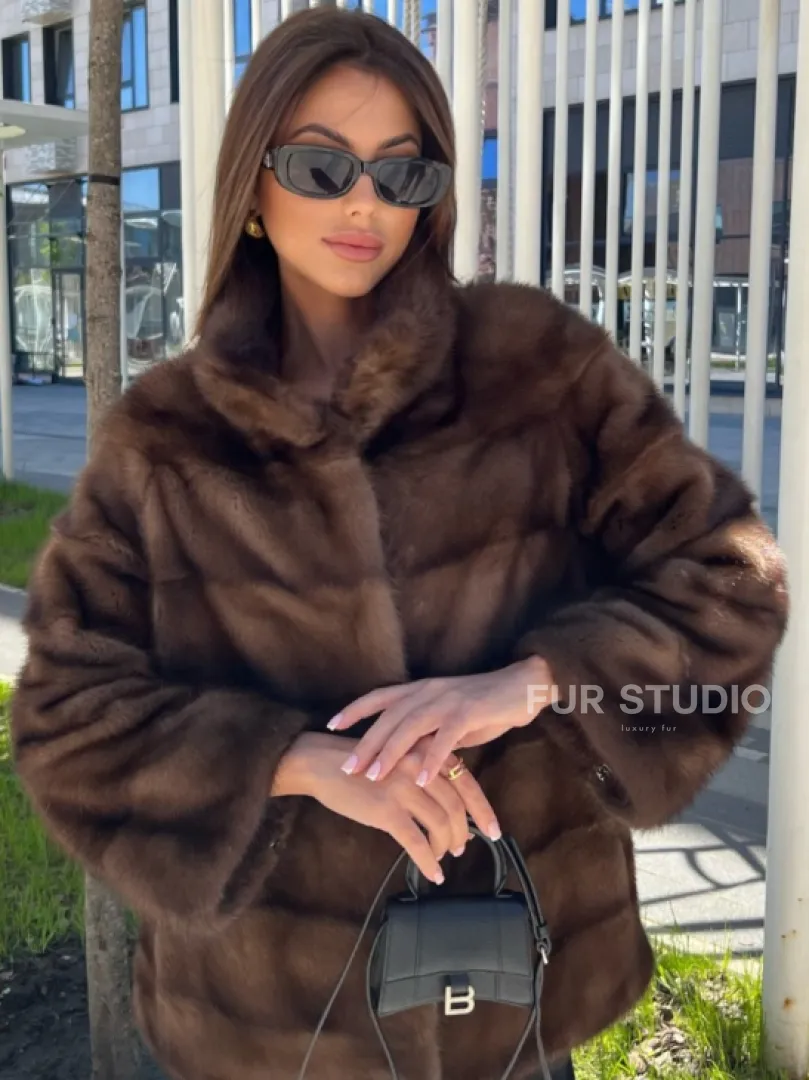 Шуба из соболиной норки с воротником стойка - фото 0