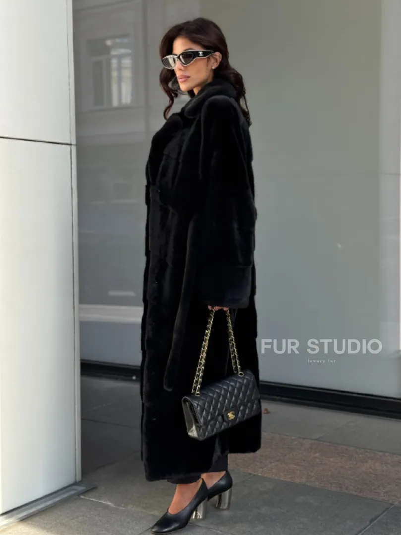 Удлиненная черная шуба с поясом из скандинавской норки - фото 6