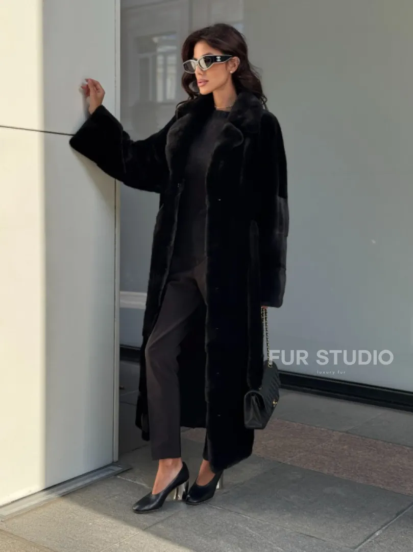 Удлиненная черная шуба с поясом из скандинавской норки - фото 8