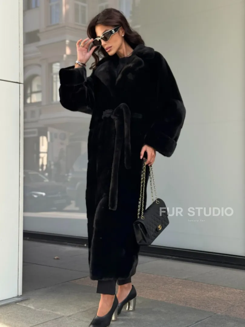 Удлиненная черная шуба с поясом из скандинавской норки - фото 3