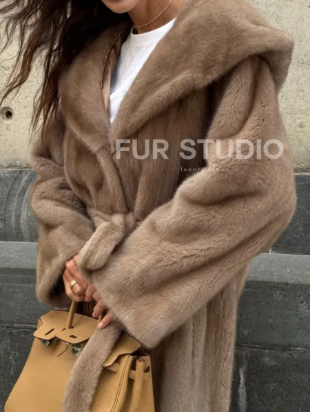 Длинная норковая шуба Pastel с капюшоном кобра - фото 2