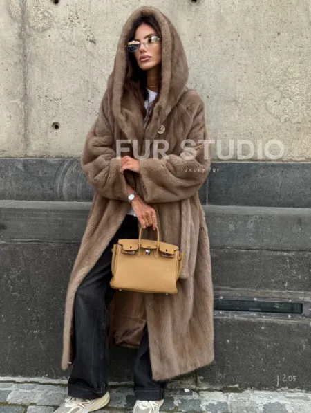 Длинная норковая шуба Pastel с капюшоном кобра - фото 8