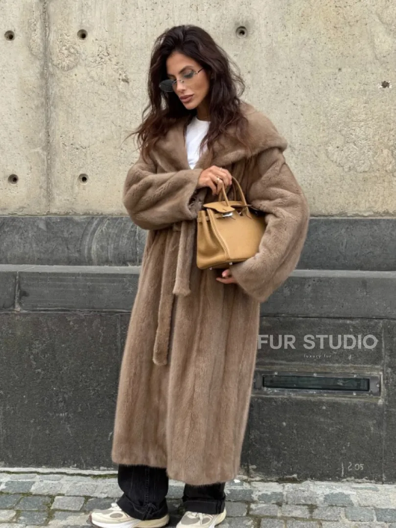 Длинная норковая шуба Pastel с капюшоном кобра - фото 13