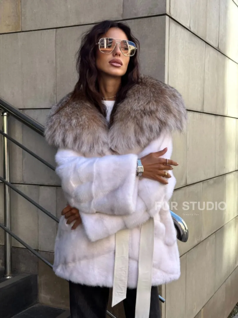 Норковая шуба с мехом рыси - белая - фото 11