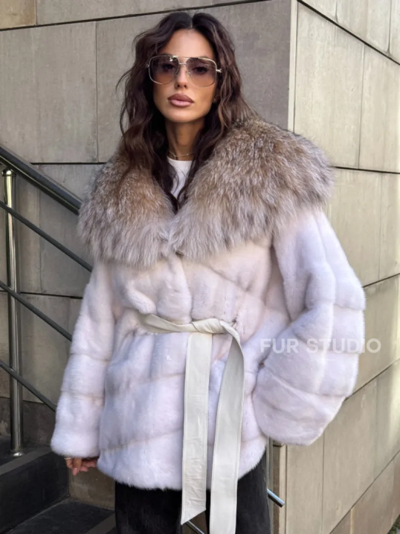 Норковая шуба с мехом рыси - белая - фото 6