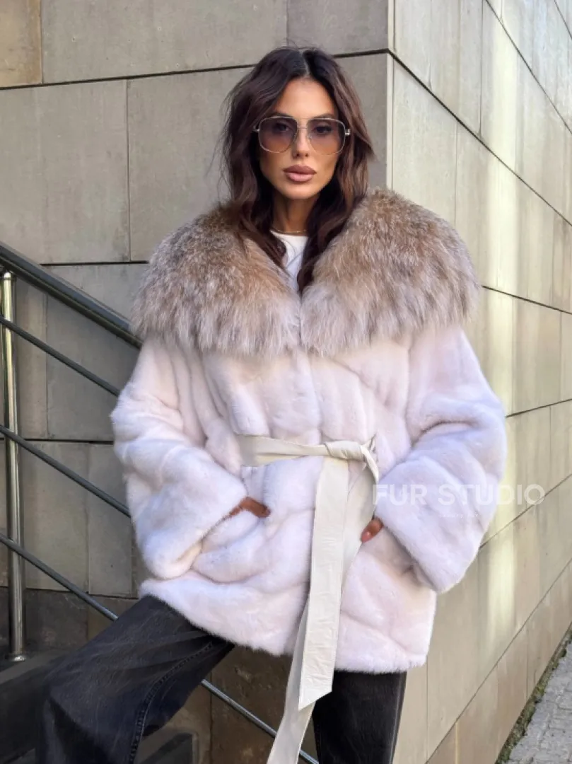 Норковая шуба с мехом рыси - белая - фото 9